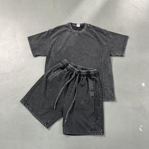 Spring Short Sleeve Men's 100% Cotton T-shirt Shorts Set Streetwear <b>Acid</b> Wash Print <b>Drop</b> Shoulder Oversized - Product Image 1