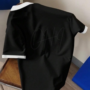 Camiseta de Hombre Negra con Cuello en Contraste, Manga Corta, Algodón, Casual, Transpirable, Secado Rápido, Ecológica, Corte Holgado, a la Moda - Product Image 2