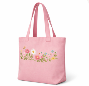 Custom logo Embroidered Canvas Tote <b>Bag</b> Pink Green Floral Design <b>Medium</b> Size Daily Use Shoulder Handle Shopping <b>Bag</b> - Product Image 3