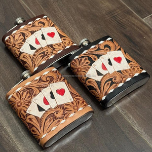 Petaca moderna de acero inoxidable de 8oz de cuero labrado a mano al por mayor Petaca de cuero de vaca de alta calidad caja de regalo de moda - Product Image 4