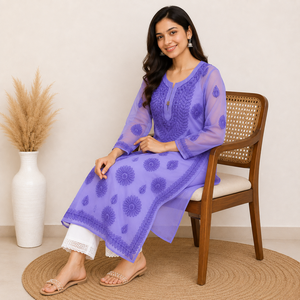 Trending Lavender Purple Embroidered Kurti for Women – Elegant Floral Ethnic Wear with Long Sleeves and Detailed Neckline Design - Product Image 3