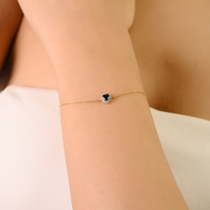Bracelet Halo en Or Jaune 14K Original de Haute Qualité avec Saphir Bleu en Forme de Cœur et Diamant Taillé Rond, Bijou Délicat - Product Image 4