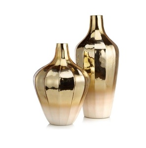 Luxury Gold and Cream Ombre <b>Vase</b> <b>Set</b> of 2 | Electroplated Ceramic Faceted Flower <b>Vases</b> for Modern Living Room Table Home Decor - Product Image 2