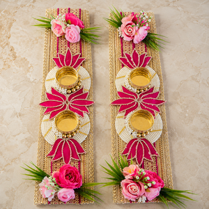 Pink Lotus Floral Diya Decoration Pair Handmade Gold Patti Pearl Wedding <b>Mandir</b> Pooja Festival Home Decor Gift Item - Product Image 4