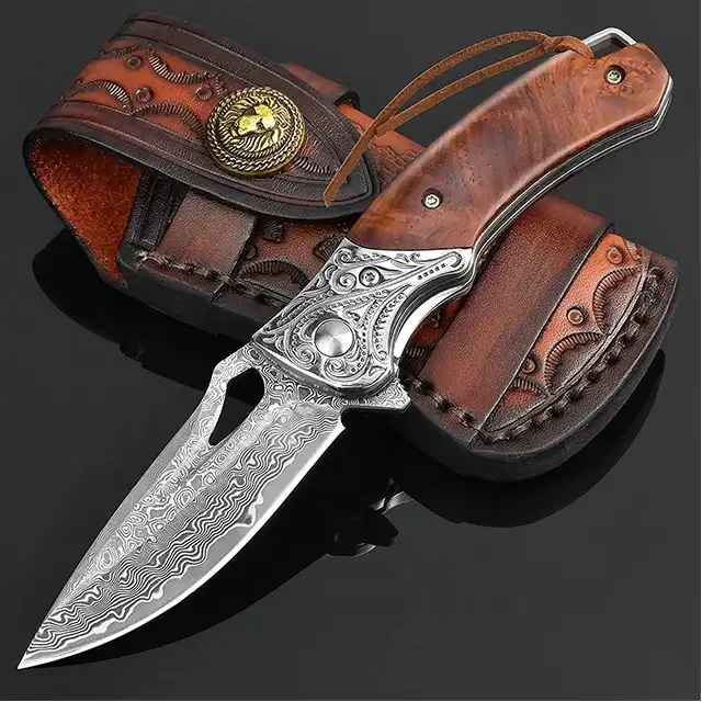 Handmade Forged Damascus Pocket Knife for Men VG10 Damascus Steel Blade Folding Knife with Retro Leather Sheath and Wood Handle