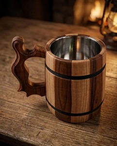 <b>Wooden</b> And Steel Beer Mug <b>Barrel</b> Shape Solid Color Vintage Style Reusable Party Drinkware - Product Image 4