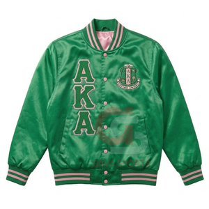 Alfa |   Kapa |   Chaqueta bomber de satén verde y rosa Alpha para mujer, con letras griegas llamativas, a prueba de viento, modelo AKA. - Product Image 1