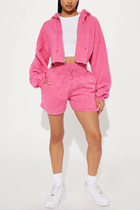 Pink Winter Printed Rhinestone Acid Wash Sunfade Breathable Women's Hoodie Shorts Set 100% Cotton <b>Distressed</b> Ripped Croptop - Product Image 5