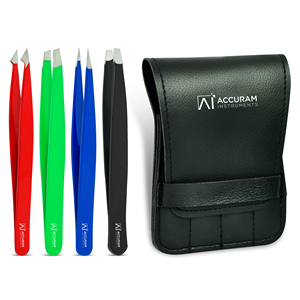 Juego de 4 Pinzas para Cejas de Acero Inoxidable Accuram Instruments, con Punta Curva y Inclinada, Herramienta de Belleza de Precisión, con Certificación CE e ISO - Product Image 6