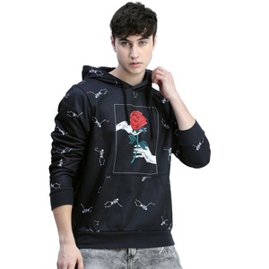 Sudadera con capucha negra personalizada para hombre con estampado de rosa y esqueleto, corte regular, estilo casual, para otoño. - Product Image 1