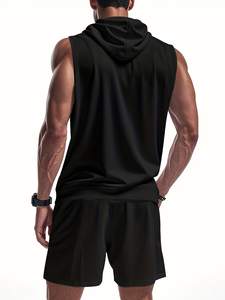 Men's Solid Hooded Sleeveless Vest Shorts Set Black French Terry 100% Cotton Anti-Pilling Quick Dry Sporty Summer Casual 2Pcs - Product Image 2