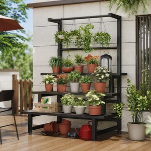Soporte de Metal Negro para Plantas de Jardín, Estante de Múltiples Niveles para Macetas de Exterior con Barra Colgante, Exhibidor de Patio - Product Image 6