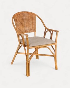 Chaise de salle à manger moderne en teck tressé à la main avec coussin en lin, style côtier, qualité export - Product Image 1