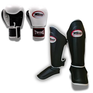 Twins MMA Boxing Gloves & Shin <b>Pad</b> Genuine Cowhide Leather Hook & Loop Closure Non-Slip Palm Adult Training Sparring Kit - Product Image 1