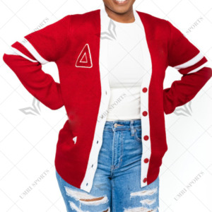 Custom DST Sorority |delta| Acrylic Knitted Women's Varsity Greek Cardigan Embroidery Logo Front <b>Covered</b> <b>Button</b> Long - Product Image 1
