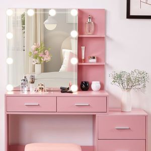 Ensemble coiffeuse rose en panneau de particules texturé avec cinq tiroirs, deux étagères et armoire miroir à porte coulissante - Product Image 5