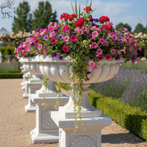 Luxury White Marble Hand Carved Eco-Friendly Durable Vintage <b>Garden</b> Urn Planter with Pedestal Classical Outdoor Home Flower Pot - Product Image 2