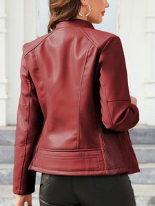 Veste de moto en similicuir pour femme, col montant, coupe ajustée, manteau bomber en PU, vente en gros OEM - Product Image 3