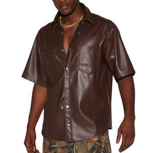 Men's Brown Faux Leather Short Sleeve Casual <b>Shirt</b> With <b>Button</b> Closure And Chest Pockets Turn-down Collar - Product Image 6