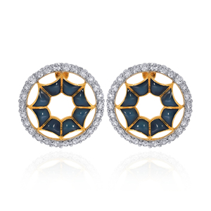 14K Yellow Gold <b>Blue</b> Enamel Geometric Halo <b>Stud</b> <b>Earrings</b> Round Lab Grown Diamond Contemporary Designer Fine Jewelry for Women - Product Image 1