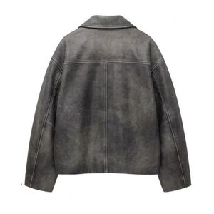 Washed <b>Grey</b> Cowhide Rugged Leather <b>Jacket</b> Utility Flap Chest Pockets Antique Zip Industrial Point Neck Sleeves Women Coats - Product Image 2