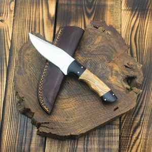 มีดสกินเนอร์สแตนเลส ใบมีดแบบ Fixed Blade ปลายแหลม ยาวรวม 8 นิ้ว ด้ามไม้  บอร์สเตอร์ทำจากเขาสัตว์สีดำ  หนังวัวแท้ - Product Image 4