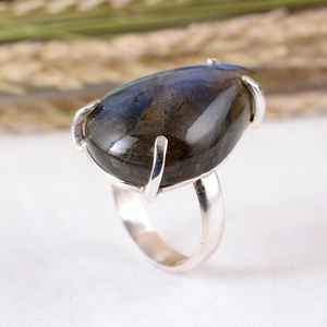 SHYAM JEWELRS Dainty 925 Sterling <b>Silver</b> Blue Fire Labradorite <b>Ring</b> Handmade Natural Pear Gemstone <b>Adjustable</b> Band Minimalist - Product Image 4