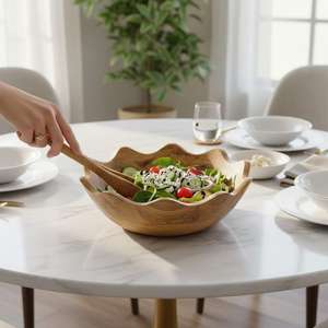 Personalized Mango Wood Salad Bowl Set | Engraved Wooden Serving Bowl with <b>Utensils</b> Lotus Shape - Product Image 2