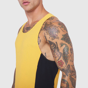 Men's Yellow <b>Black</b> Color Blocked Sleeveless <b>Tank</b> <b>Top</b> O-Neck Solid Breathable <b>Knitted</b> Sporty Fitness Wear - Product Image 4