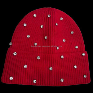 Wholesale Custom Winter Cuffed Knitted <b>Hats</b> Solid Color Unisex Luxury Rhinestones <b>Beanie</b> <b>Hats</b> 100% <b>Wool</b> - Product Image 3