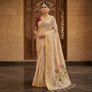 Sari en coton Muga avec broderie florale, tenue traditionnelle pour femmes, mariage et fêtes, style indien, longueur au sol - Product Image 1