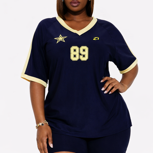 Conjunto Deportivo Casual de 2 Piezas para Mujer, Top Holgado con Cuello en V y Ribete en Contraste, Pantalones Cortos, Camiseta Estilo Jersey de Fútbol Americano, Ropa Deportiva Y2K - Product Image 6