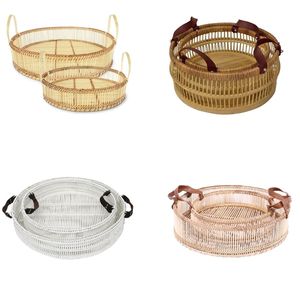 Plateaux de service et de rangement THE PALISADE en bambou et rotin avec poignées en cuir - Product Image 1