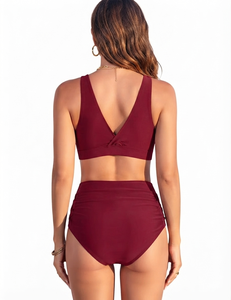 Swimsuits Dark red Woman High Waisted Bikini Set Two Piece Swimsuit <b>Tummy</b> <b>Control</b> Cross Wrap Crop Top Bathing Suit Summer wear - Product Image 2