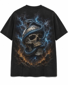 Camiseta negra para hombre con estampado de calavera y serpiente, corte regular, cuello redondo, manga corta, estilo punk, jersey de algodón con logo personalizado. - Product Image 6