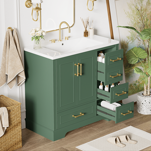 Mobile da Bagno Tradizionale da 36 Pollici con Lavabo in Resina, Set Combinato con Due Ante e Quattro Cassetti - Product Image 2
