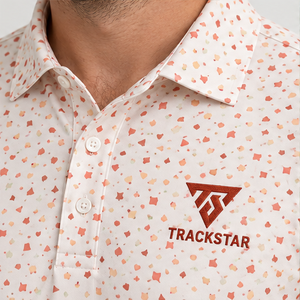 Polo pour homme Trackstar, blanc, imprimé confettis corail, manches courtes, col boutonné, chemise de golf décontractée, logo personnalisé - Product Image 4