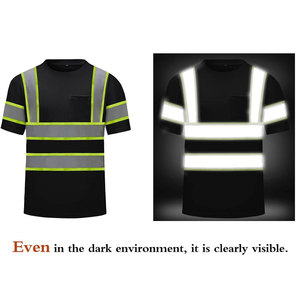 T-shirt de sécurité réfléchissant noir avec bandes argentées et vertes, impression lumineuse haute visibilité pour adultes, unisexe, polyester - Product Image 1
