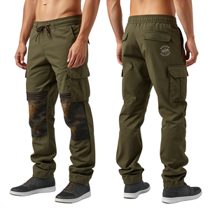Pantalon cargo empilé pour homme de qualité supérieure, couleur olive, avec impression graphique intense et broderies, style utilitaire tendance - Product Image 3