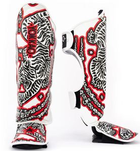 Protège-tibias réglables en cuir rouge Yokkao avec motif tigre pour Muay Thai – Équipement de protection pour le kickboxing - Product Image 3