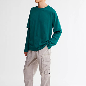 T-shirt décontracté surdimensionné pour homme 100 % coton, double couche, style hip-hop, uni, manches doubles, faible MOQ - Product Image 4