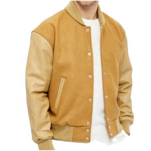 Hot Selling Custom High Varsity Genuine <b>Leather</b> <b>Jacket</b> Stand <b>Winter</b> Puffer Thin Wool Body Knitted Sleeves University Letterman - Product Image 1