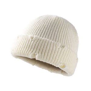 Distressed Rib Knit Beanie <b>Hat</b> Custom Color Cuffed <b>Winter</b> Cap Raw Edge Streetwear Unisex Fashion Headwear - Product Image 6