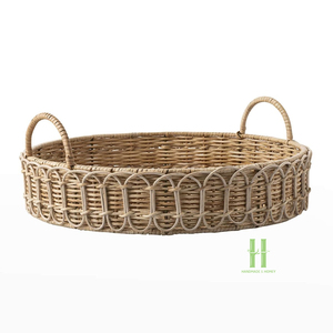 New Design Luxury Vintage Rattan Serving Tray Round Wicker Decorative Tray with Wood <b>Handles</b> for Food, Drinks & Cosmetic Storage - Product Image 4