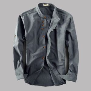Chemise décontractée pour hommes en lin et coton, col montant, légère, respirante, à boutons - Product Image 3