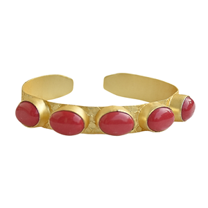 Gold Plated Cuff <b>Bracelet</b> With Red Coral Stones Vintage Style Unisex Jewelry Imitation Stones - Product Image 1