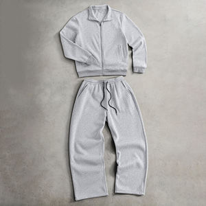 Ensemble de survêtement gris clair personnalisé, veste zippée, pantalon large, tenue de sport décontractée deux pièces, style streetwear - Product Image 1