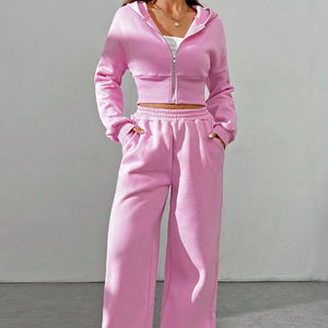 Conjunto de Dos Piezas para Mujer al por Mayor, Top Corto con Cremallera Rosa, Pantalones Deportivos de Algodón 100% Pesado con Capucha, Conjunto de Dos Piezas - Product Image 2