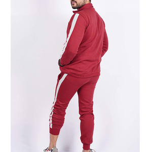 Men's Red <b>Tracksuit</b> Full Zipper Stand Collar Solid Color Casual Jogging Set With Side Pockets Breathable Polyester Material - Product Image 2