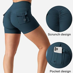 Shorts de sport taille haute pour femme, style cycliste, avec effet froncé aux fesses, ceinture élastique croisée, couleur vert sarcelle uni, Hot Pants - Product Image 3